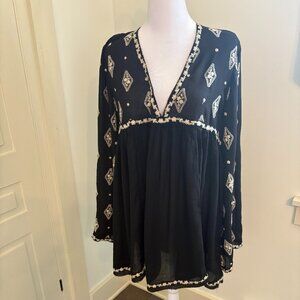 Black Rayon Tunic with Beige Embroidery by Free People, Small, New With Tags